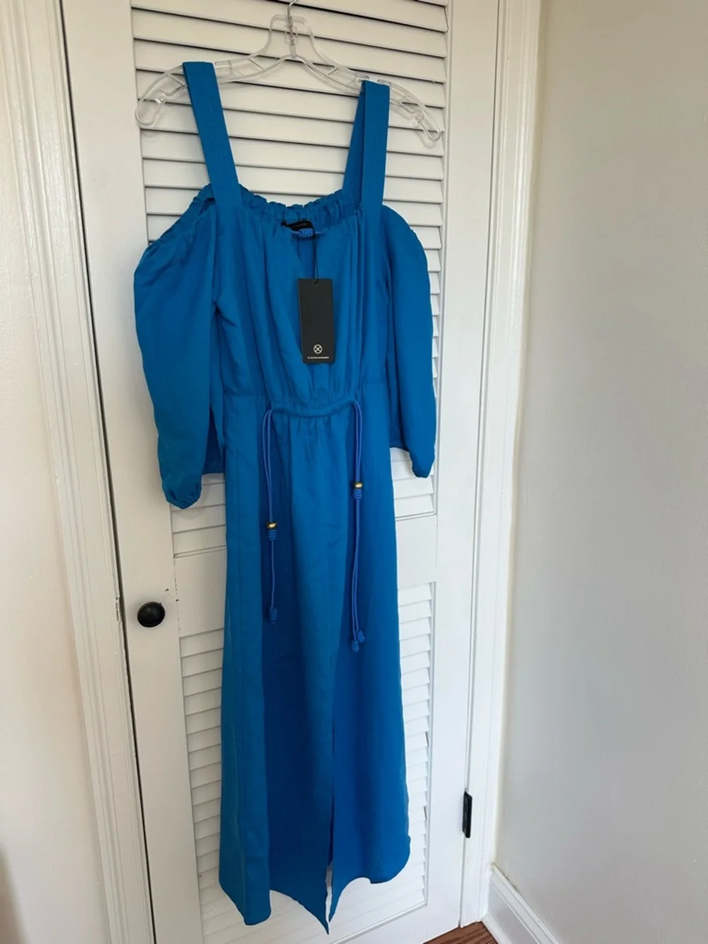 NWT Vix Paula Hermanny Blue Linen Blend off the shoulder Maxi Dress, Size 2 - Picture 2 of 9